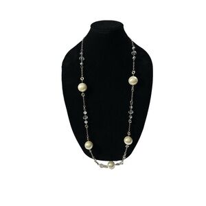 Vtg Gold Tone Link Chain Huge Faux Pearl & Faceted Rhinestones Necklace Long 40”
